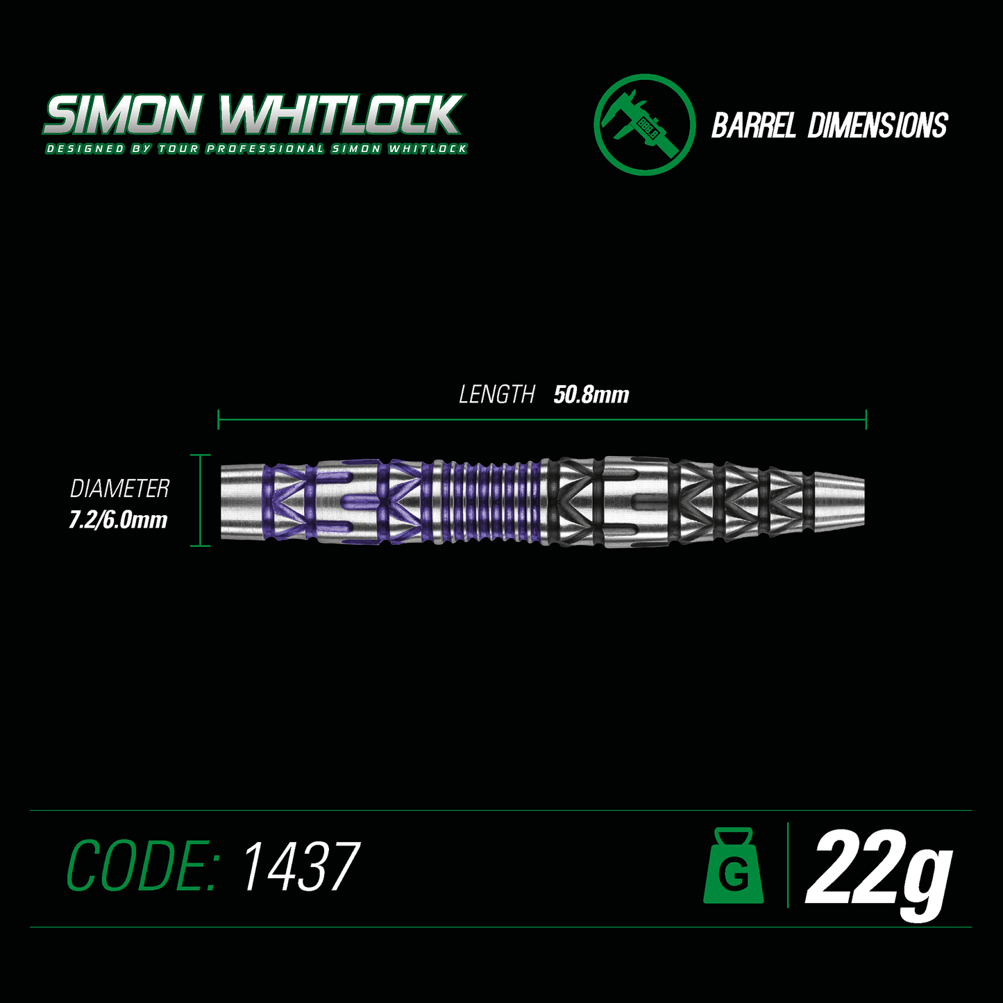WINMAU - SIMON WHITLOCK - SPECIAL EDITION 90% TUNGSTEN ALLOY DARTS - 22 GRAMS